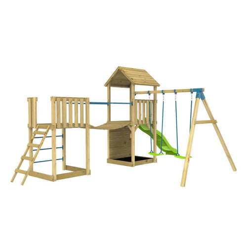 The TP Toys TP Skywood Wooden Tower Climbing Frame features an FSC® certified play tower, ladder, elevated platform, ripple slide, sky bridge, mini tower, sandbox, climbing wall, and a double swing arm for outdoor adventure.