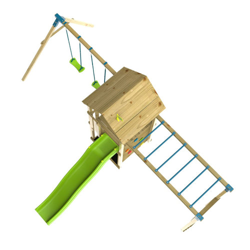 The TP Toys TP Skywood Wooden Tower Climbing Frame with Ripple Slide, Monkey Bars & Double Swing Arm (FSC® certified) features a climbing tower, green slide, monkey bars, and two swings, viewed from above on a white background.