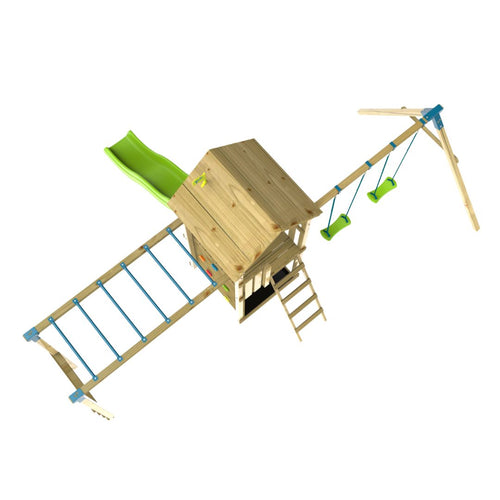 Aerial view of the TP Toys Skywood Wooden Tower Climbing Frame with Ripple Slide, Monkey Bars, Double Swing Arm and Playhouse—FSC® certified.