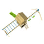 Aerial view of the TP Toys Skywood Wooden Tower Climbing Frame with Ripple Slide, Monkey Bars, Double Swing Arm and Playhouse—FSC® certified.