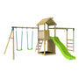 The TP Toys Skywood Wooden Tower Climbing Frame features a clubhouse with roof, two swings, ripple slide, ladder, small climbing wall, and exciting monkey bars. FSC® certified for outdoor play.