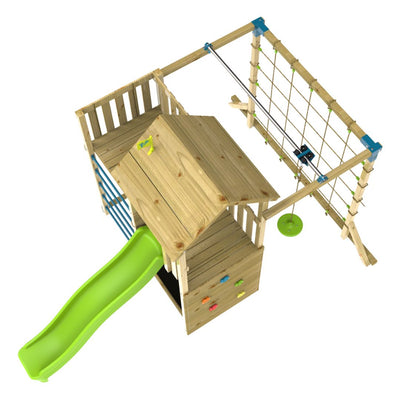 Top view of the TP Toys Skywood Wooden Tower Climbing Frame with green Ripple Slide, rope net, disc swing, Sky Deck, Skyline & Flying Fox Add On - FSC® certified, shown on a white background.