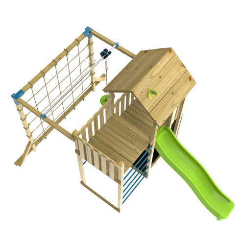 The TP Toys TP Skywood Wooden Tower Climbing Frame features a Sky Deck, Skyline, Ripple Slide, climbing net, and Flying Fox add-on. FSC® certified. Shown from above on a white background.