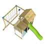 The TP Toys TP Skywood Wooden Tower Climbing Frame features a Sky Deck, Skyline, Ripple Slide, climbing net, and Flying Fox add-on. FSC® certified. Shown from above on a white background.