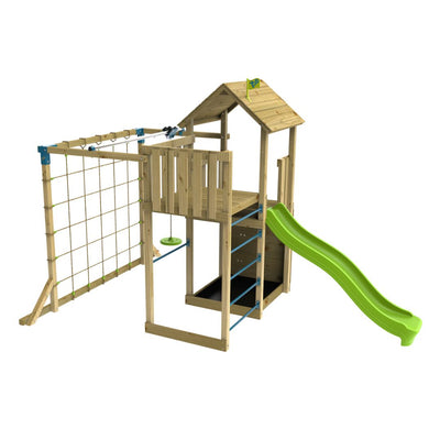 The TP Toys TP Skywood Wooden Tower Climbing Frame features a Ripple Slide, Sky Deck, Skyline & Flying Fox Add-On. FSC® certified—perfect as a backyard climbing tower. Shown on a white background.