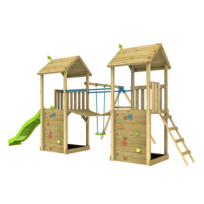 The TP Toys Skywood Wooden Tower Climbing Frame features an FSC® certified build, Ripple slide, Sky Bridge, extra play tower, double swing arm, and roofs on each tower—all shown on a white background.