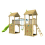 The TP Toys Skywood Wooden Tower Climbing Frame features an FSC® certified build, Ripple slide, Sky Bridge, extra play tower, double swing arm, and roofs on each tower—all shown on a white background.