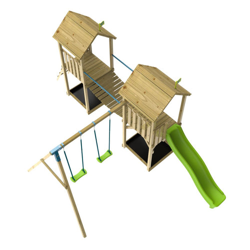 The TP Toys Skywood Wooden Tower Climbing Frame features two towers, a Sky Bridge, climbing wall, double swing arm, FSC® certified wood, and an 8ft Ripple Slide—shown from above on a white background.
