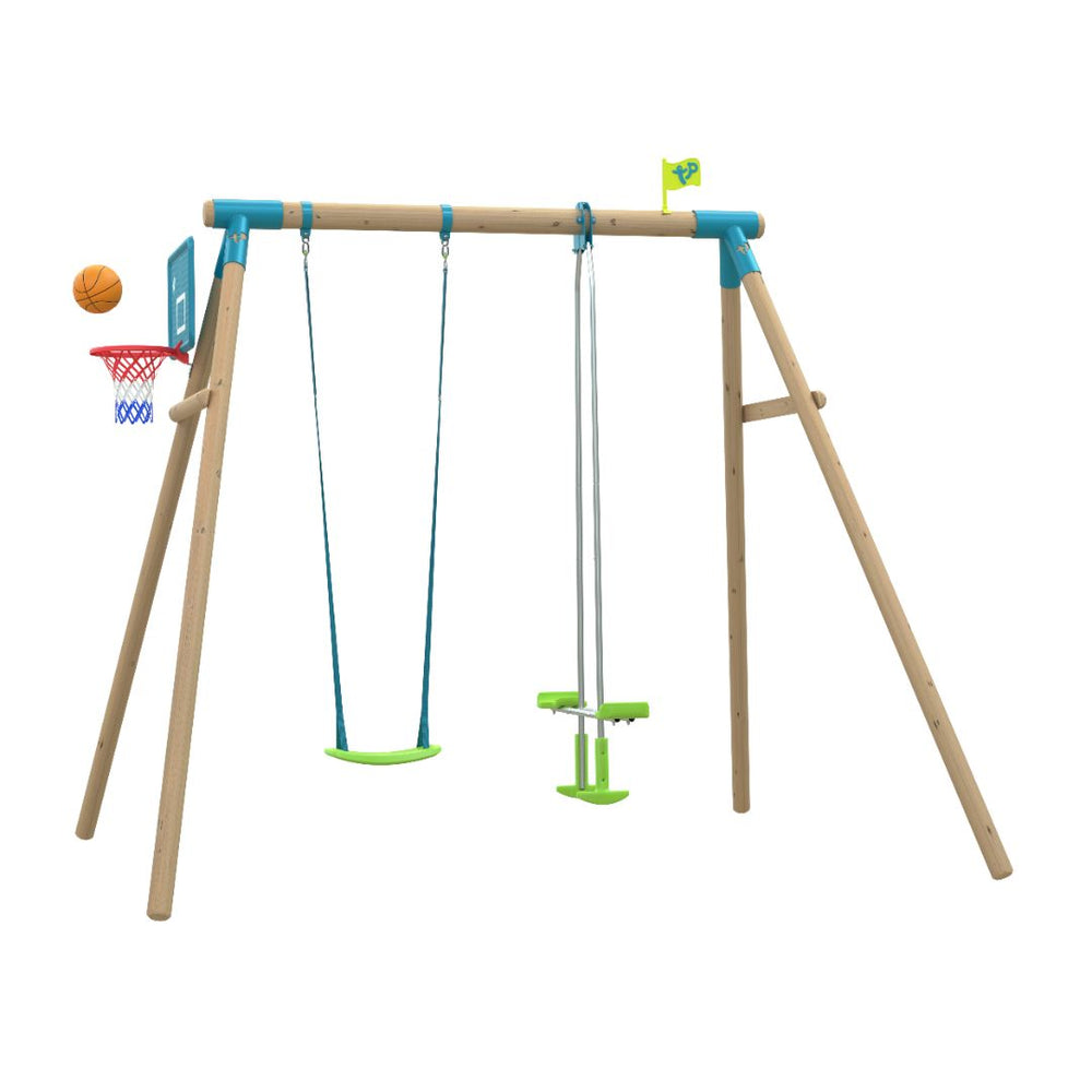 The TP Toys TP Knightswood Double Wooden Swing Set With Glide Ride & Basketball Hoop (PEFC Certified) features two swings, a glide ride, and a basketball hoop with ball—shown against a crisp white background.