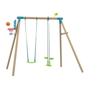 The TP Toys TP Knightswood Double Wooden Swing Set With Glide Ride & Basketball Hoop (PEFC Certified) features two swings, a glide ride, and a basketball hoop with ball—shown against a crisp white background.