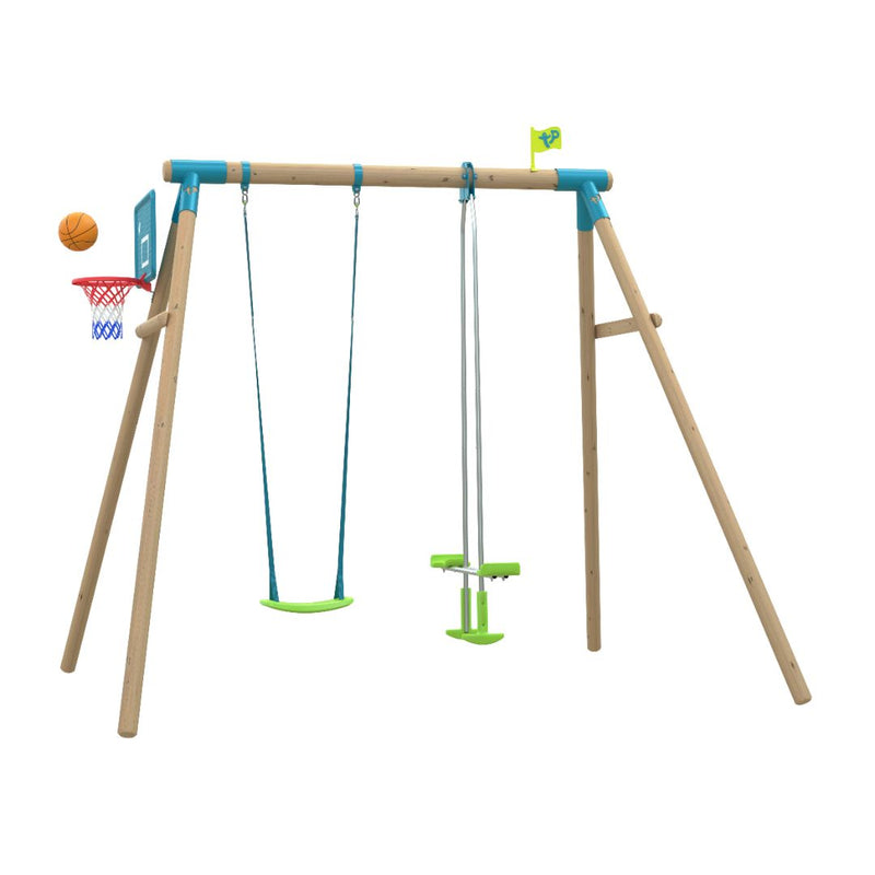 The TP Toys TP Knightswood Double Wooden Swing Set With Glide Ride & Basketball Hoop (PEFC Certified) features two swings, a glide ride, and a basketball hoop with ball—shown against a crisp white background.