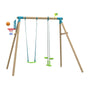The TP Toys TP Knightswood Double Wooden Swing Set With Glide Ride & Basketball Hoop (PEFC Certified) features two swings, a glide ride, and a basketball hoop with ball—shown against a crisp white background.