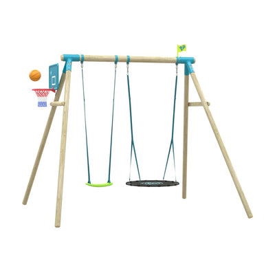 The TP Toys TP Knightswood Double Wooden Swing Set features two swings, a nest swing, small slide, basketball hoop with ball, and a green flag—PEFC certified and shown against a white background.