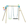 The TP Toys TP Knightswood Double Wooden Swing Set features two swings, a nest swing, small slide, basketball hoop with ball, and a green flag—PEFC certified and shown against a white background.