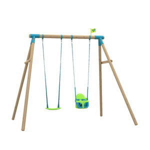 The TP Toys Knightswood Double Wooden Swing Set features a sturdy PEFC-certified frame with Rapide and Quadpod swing seats, accented in blue and green, shown isolated on a white background.