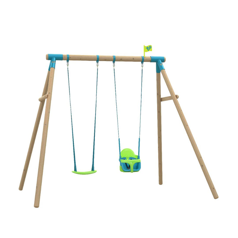 The TP Toys Knightswood Double Wooden Swing Set features a sturdy PEFC-certified frame with Rapide and Quadpod swing seats, accented in blue and green, shown isolated on a white background.