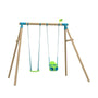 The TP Toys Knightswood Double Wooden Swing Set features a sturdy PEFC-certified frame with Rapide and Quadpod swing seats, accented in blue and green, shown isolated on a white background.