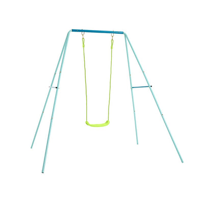 The TP Toys TP Single Metal Swing Set features a green braided rope seat and yellow ropes, suspended from a light blue metal frame. The swing set is shown against a plain white background.