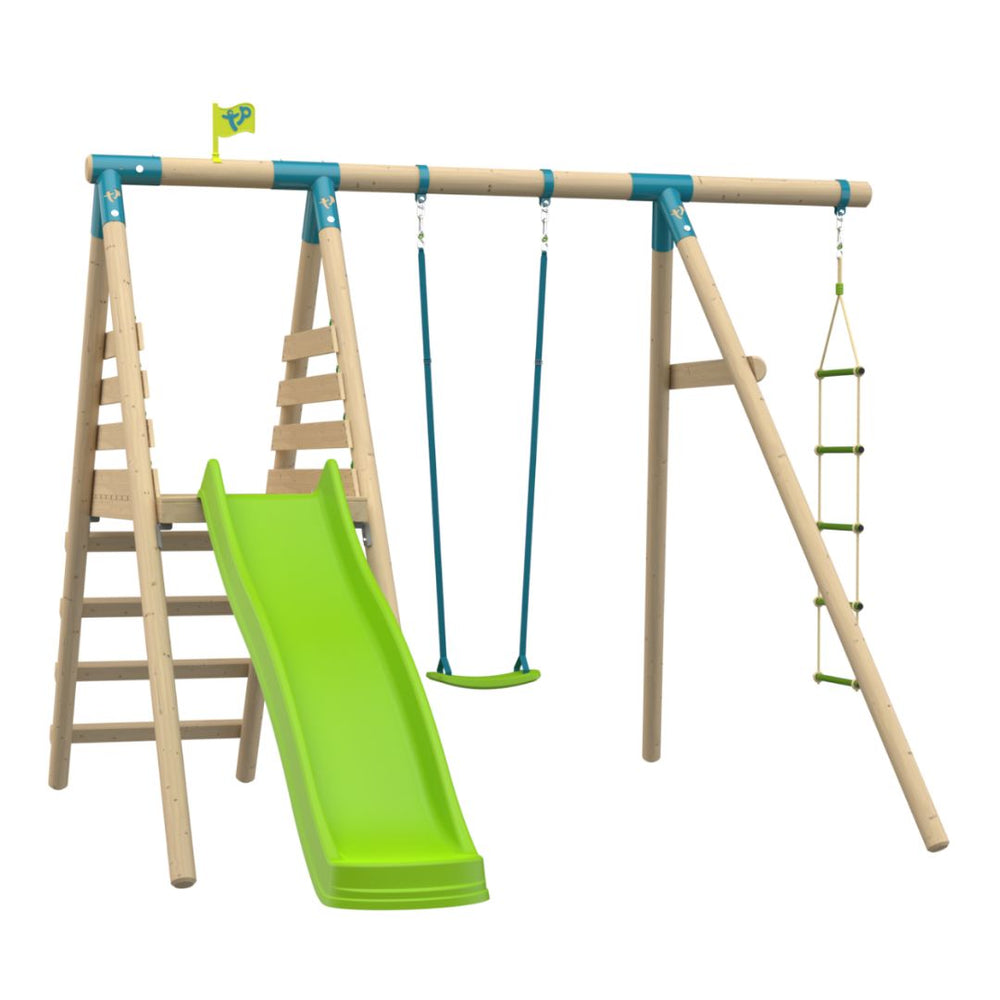The TP Knightswood Single Wooden Swing & Slide Set With Rope Ladder by TP Toys features a green slide, two blue swings—including a round wooden swing—a climbing rope ladder, and a small yellow flag on top. This PEFC certified set stands on four wooden legs against a white background.