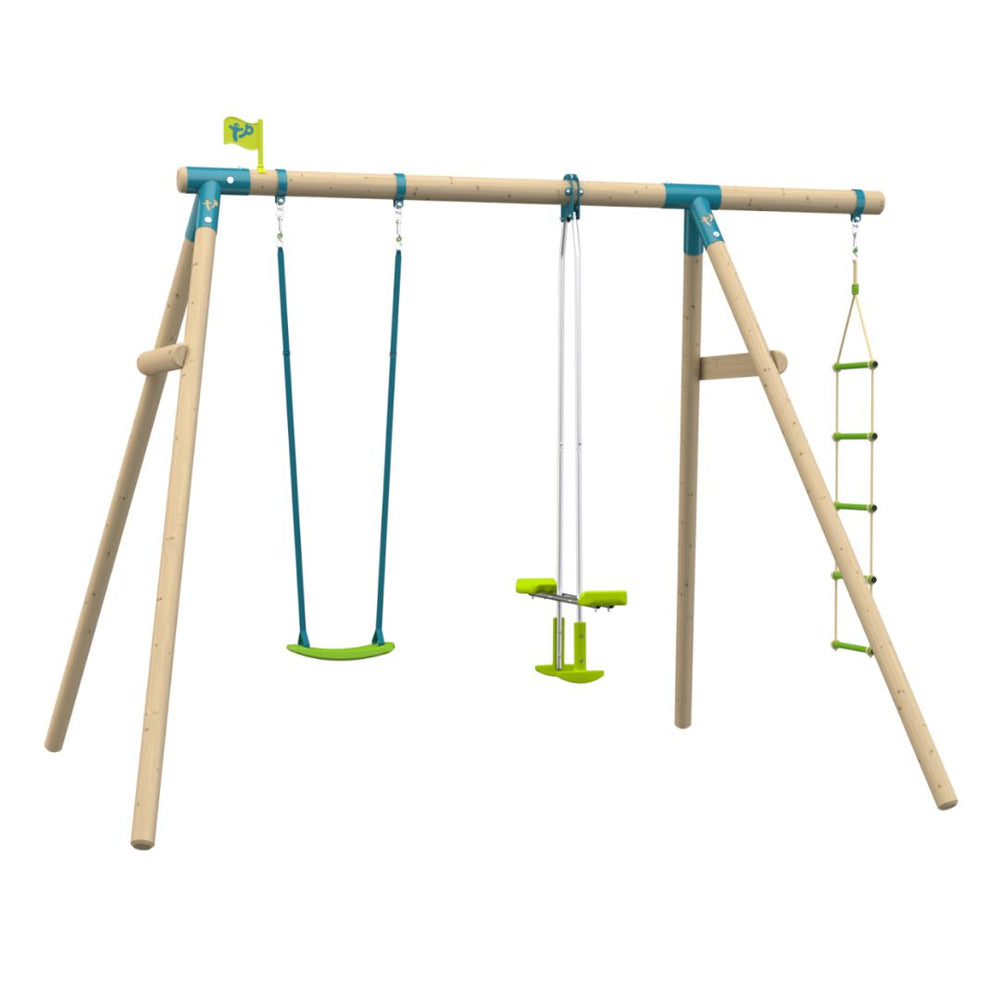 The TP Knightswood Double Wooden Swing Set With Glide Ride & Rope Ladder by TP Toys features a sturdy, PEFC certified wooden frame and comes complete with a green and blue seat swing, a glide ride, and a climbing rope ladder.