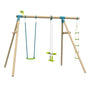 The TP Knightswood Double Wooden Swing Set With Glide Ride & Rope Ladder by TP Toys features a sturdy, PEFC certified wooden frame and comes complete with a green and blue seat swing, a glide ride, and a climbing rope ladder.