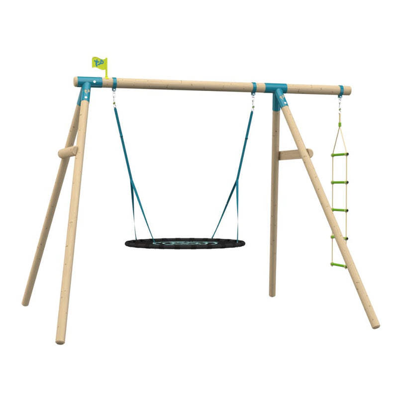 The TP Toys TP Knightswood Double Wooden Swing Set with Giant Nest Swing & Rope Ladder – PEFC Certified features sturdy blue hardware, a green climbing rope ladder on the right, and a small green flag on top.