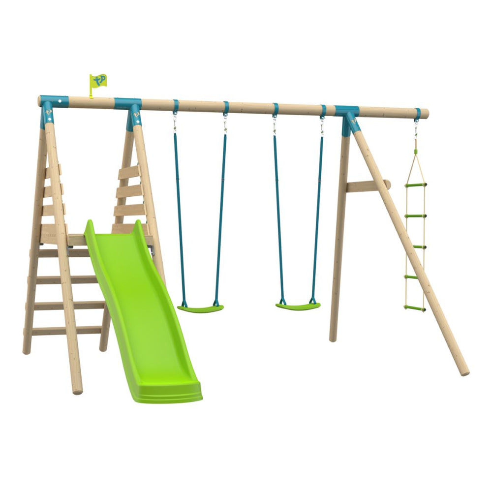 TP Toys TP Knightswood Double Wooden Swing & Slide Set With Rope Ladder – PEFC Certified, featuring a green 8ft slide, two blue swings, a climbing rope ladder, and a small flag on top, shown against a white background.