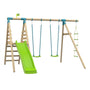 TP Toys TP Knightswood Double Wooden Swing & Slide Set With Rope Ladder – PEFC Certified, featuring a green 8ft slide, two blue swings, a climbing rope ladder, and a small flag on top, shown against a white background.