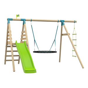 The TP Toys TP Knightswood Double Wooden Swing & Slide Set With Giant Nest Swing & Rope Ladder – PEFC Certified features a green slide, rope ladder, black giant nest swing, and climbing ladders, displayed on a white background.