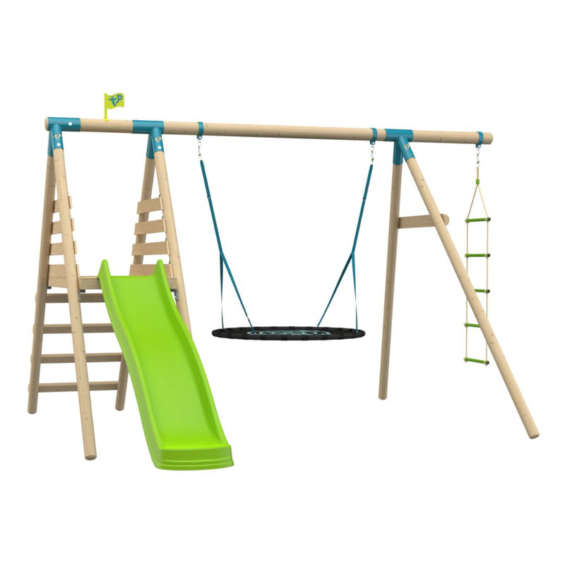 The TP Toys TP Knightswood Double Wooden Swing & Slide Set With Giant Nest Swing & Rope Ladder – PEFC Certified features a green slide, rope ladder, black giant nest swing, and climbing ladders, displayed on a white background.