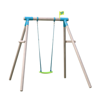Introducing the TP Sherwood Single Wooden Swing Set by TP Toys, a compact garden swing featuring a PEFC certified roundwood frame. This wooden swing set includes a single green and blue swing seat, sturdy blue metal brackets, and is topped with a small yellow flag—all presented on a crisp white background.