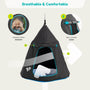 The TP Toys TP UFO Den & Climbing Frame features a hanging black tent with mesh lookout window, roll-up door, and cushioned floor—perfect for use with the UFO Climbing Frame or other garden play gear. Insets show window and door highlights. "Breathable & Comfortable.