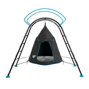 The TP UFO Den & Climbing Frame by TP Toys is a unique black and blue hanging tent pod with a front opening and mesh floor, suspended from a sturdy four-legged frame—an exciting garden play set for adventurous kids.