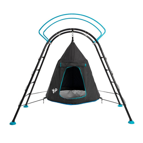 The TP UFO Den & Climbing Frame by TP Toys is a unique black and blue hanging tent pod with a front opening and mesh floor, suspended from a sturdy four-legged frame—an exciting garden play set for adventurous kids.
