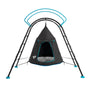 The TP UFO Den & Climbing Frame by TP Toys is a unique black and blue hanging tent pod with a front opening and mesh floor, suspended from a sturdy four-legged frame—an exciting garden play set for adventurous kids.
