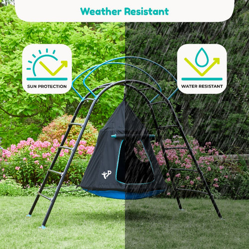 The TP Toys TP UFO Den & Climbing Frame features a metal frame in your garden, shown in sun and rain to demonstrate its UV protection and water resistance—ideal as a children’s climbing den or garden play equipment.