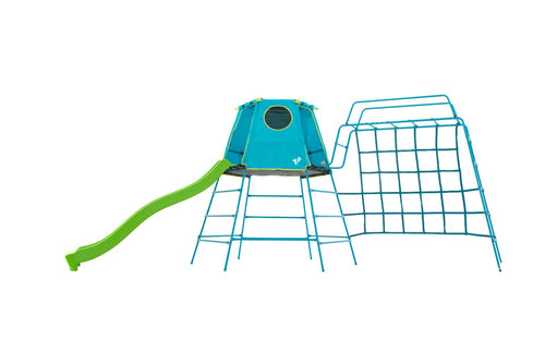 The TP Toys Explorer Metal Climbing Frame features an 8ft Ripple Slide, Monkey Bridge, tent-style platform in blue and green, plus a metal cargo net structure, all shown isolated on a white background.