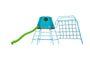 The TP Toys Explorer Metal Climbing Frame features an 8ft Ripple Slide, Monkey Bridge, tent-style platform in blue and green, plus a metal cargo net structure, all shown isolated on a white background.