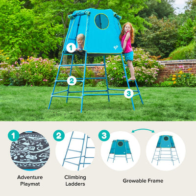 Two children enjoy the TP Toys TP Explorer Metal Climbing Frame with Platform & Den, featuring an adventure playmat, climbing ladders, and a growable frame for outdoor fun in the garden.