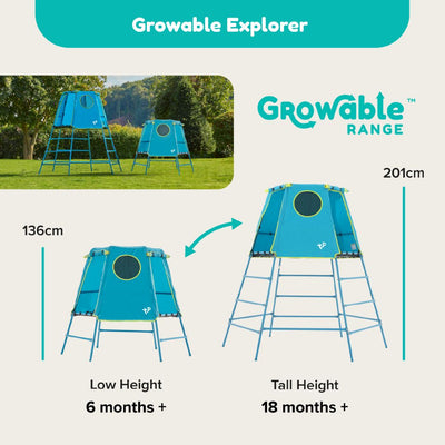 The TP Toys TP Explorer Metal Climbing Frame with Platform & Den is shown outdoors on grass at two heights: 136cm for ages 6 months+ and 201cm for ages 18 months+.