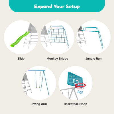 Diagram of TP Toys TP Explorer Metal Climbing Frame Set with Ripple Slide and Basketball Hoop—each feature clearly illustrated and labeled for easy identification.