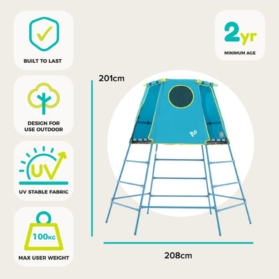 The TP Toys TP Explorer Metal Climbing Frame with Platform & Den is a blue and yellow outdoor play tent with ladder, 201cm high, 208cm wide. It features UV stable fabric, holds up to 100kg, and suits ages 2+.