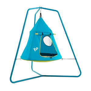 The TP Toys TP UFO Den & Metal Frame is a blue fabric play tent with a circular window, suspended from a triangular-base metal frame, creating a fun space for children.
