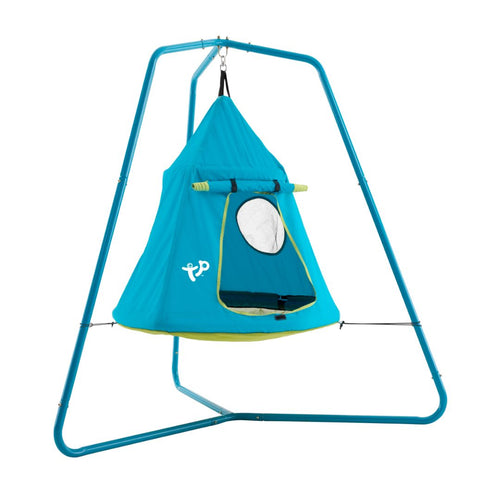 The TP Toys TP UFO Den & Metal Frame is a blue fabric play tent with a circular window, suspended from a triangular-base metal frame, creating a fun space for children.