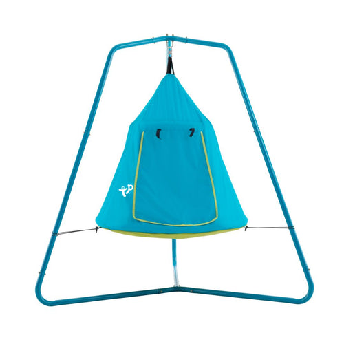 The TP UFO Den & Metal Frame by TP Toys is a blue triangular play tent for children with a front flap, suspended from a metal pyramid-shaped frame.