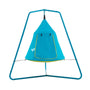 The TP UFO Den & Metal Frame by TP Toys is a blue triangular play tent for children with a front flap, suspended from a metal pyramid-shaped frame.