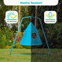 The TP Toys TP UFO Den & Metal Frame is shown hanging outdoors in sunny and rainy weather, with icons highlighting its sun protection and water resistance features.