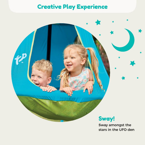 Two young children smile and lean out of the TP Toys TP UFO Den & Metal Frame, a bright blue and green play tent decorated with stars and a crescent moon. Text reads: Creative Play Experience—Sway amongst the stars in the UFO Den.