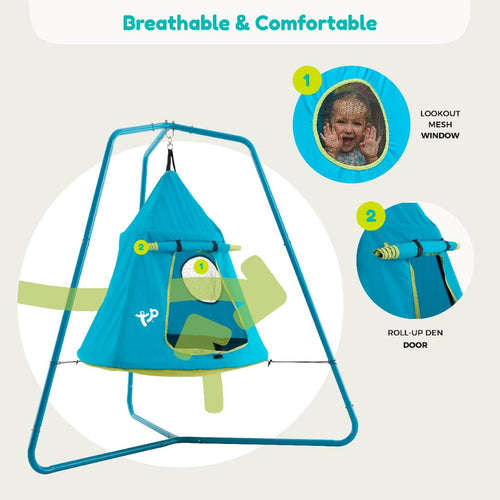 The TP Toys TP UFO Den & Metal Frame features a mesh window and roll-up door. Circular insets display a child looking out the window and a close-up of the rolled-up door.