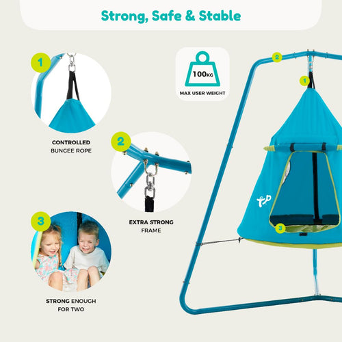 The TP Toys TP UFO Den & Metal Frame play tent swing has a sturdy metal frame, secure bungee rope, room for two kids, and supports up to 100kg. Enjoy stability and strength with this fun outdoor swing!.